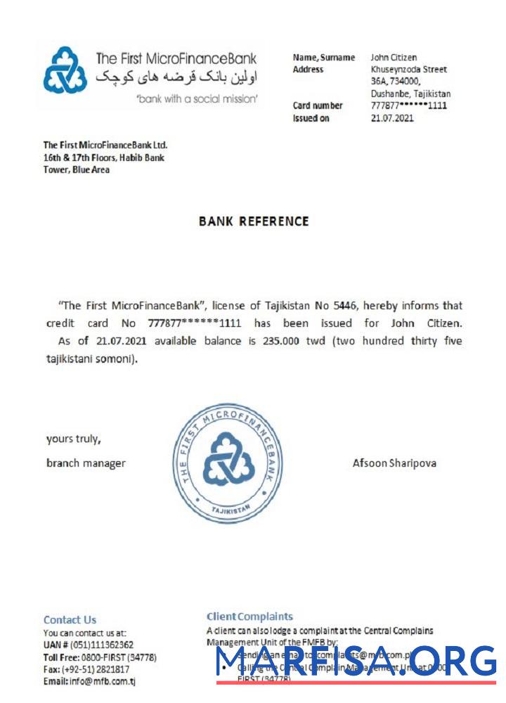 Downloadable Tajikistan The First MicroFinanceBank reference template